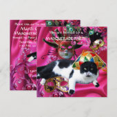 KAT MET HARLEQUIN PET EN MASKERADE PARTIJMASKERS KAART (Voorkant / Achterkant)