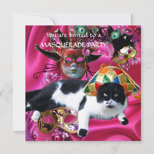 KAT MET HARLEQUIN PET EN MASKERADE PARTIJMASKERS KAART (Voorkant)
