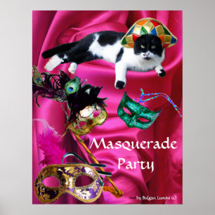 KAT MET HARLEQUIN PET EN MASKERADE PARTIJMASKERS POSTER