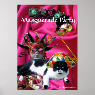 KAT MET HARLEQUIN PET EN MASKERADE PARTIJMASKERS POSTER