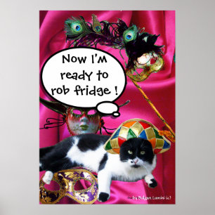 KAT MET HARLEQUIN PET EN MASKERADE PARTIJMASKERS POSTER