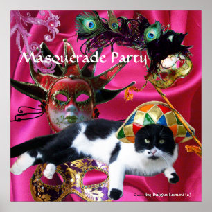 KAT MET HARLEQUIN PET EN MASKERADE PARTIJMASKERS POSTER