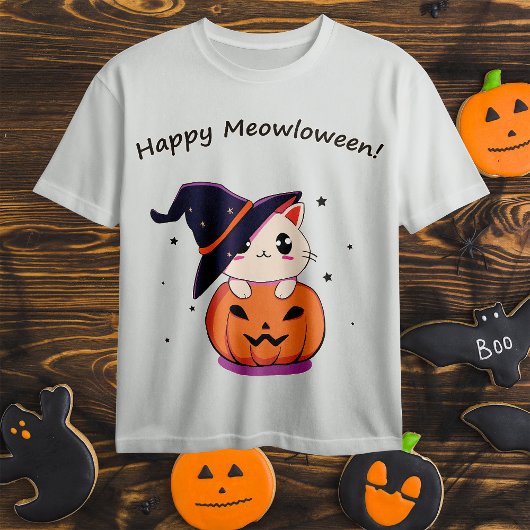 Kat met heks pet in Halloween Jack-O-Lantern T-shirt