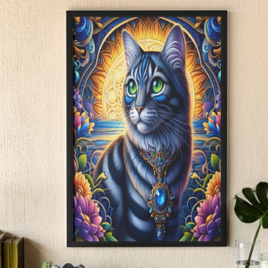 Kat met juwelen in levendige fantasietuin poster