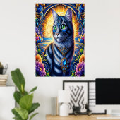 Kat met juwelen in levendige fantasietuin poster (Thuiskantoor)