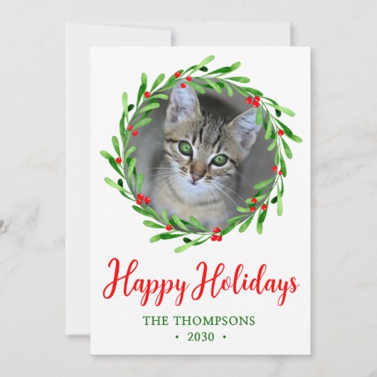 Kat met kerstmis Wreath Feestdagenkaart (Voorkant)