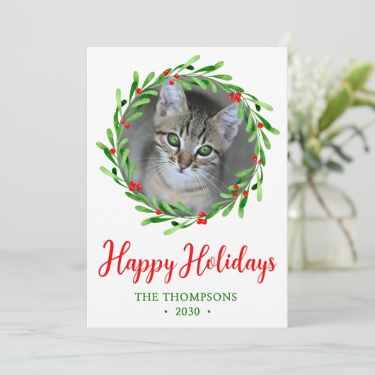 Kat met kerstmis Wreath Feestdagenkaart (Staand voorkant)