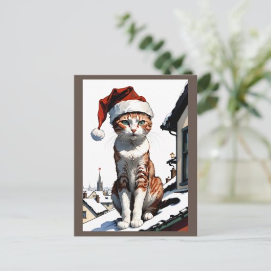 Kat met kerstmuts op het dak briefkaart (Staand voorkant)