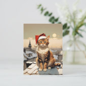 Kat met kerstmuts op het dak briefkaart (Staand voorkant)