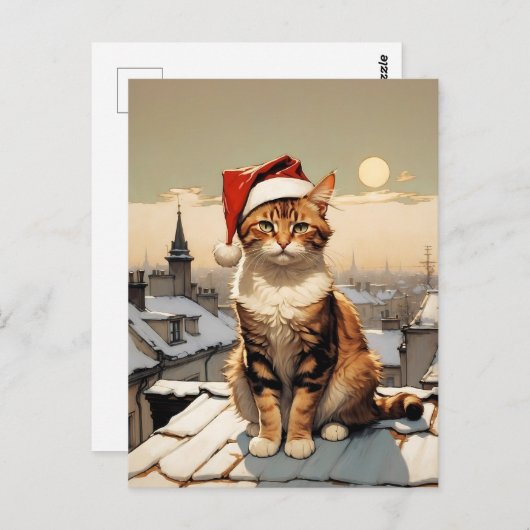 Kat met kerstmuts op het dak briefkaart (Voorkant / Achterkant)