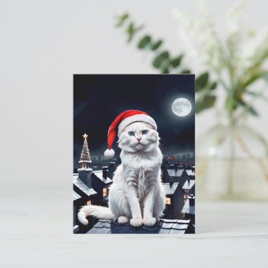 Kat met kerstmuts op het dak briefkaart (Staand voorkant)