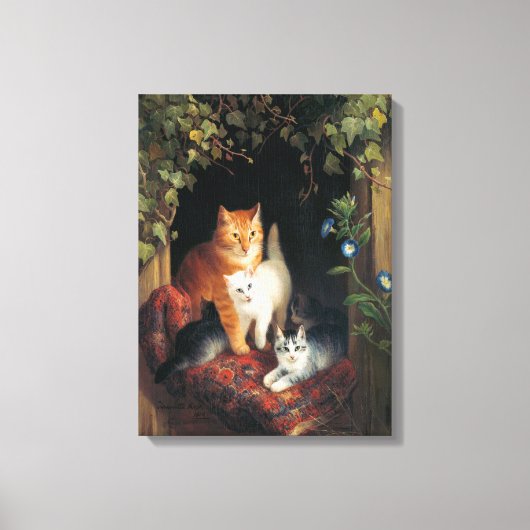 Kat met kittens (dierlijke kunst) canvas afdruk (Voorkant)