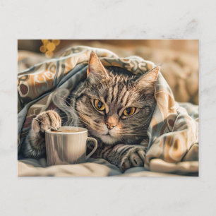 Kat met koffie en boek in een knusse deken feestdagenkaart