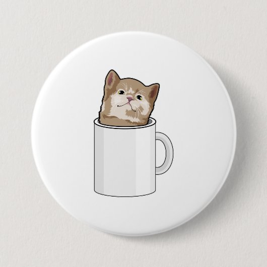Kat met koffie-mok ronde button 7,6 cm (Voorkant)