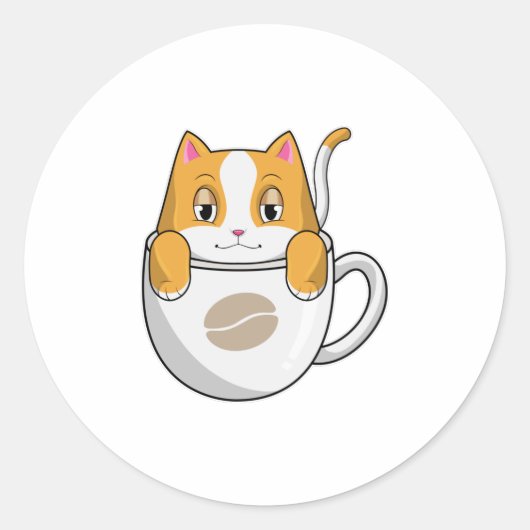 Kat met koffiebeker ronde sticker (Voorkant)