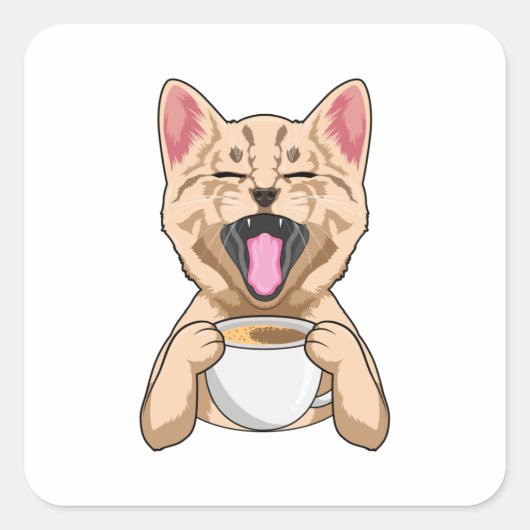 Kat met kop koffie vierkante sticker (Voorkant)