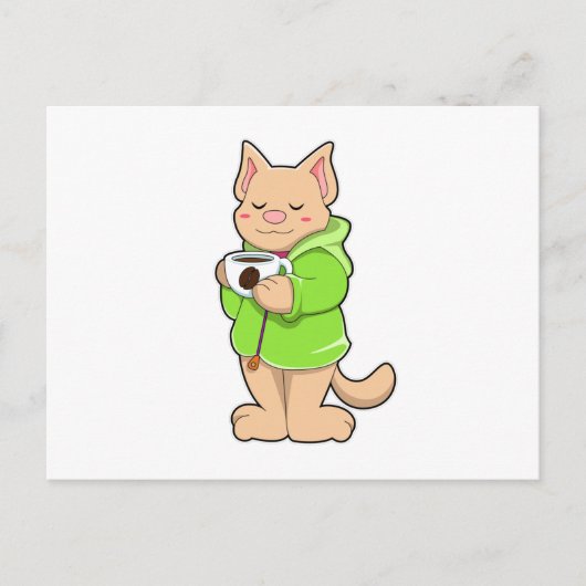 Kat met kopje koffie & pyjama briefkaart (Voorkant)