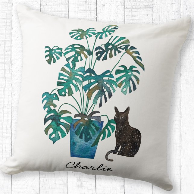 Kat met Monstera Plant Waterverf Gepersonaliseerd Kussen (Cat with Monstera Swiss Cheese Plant watercolor personalized name throw pillow)