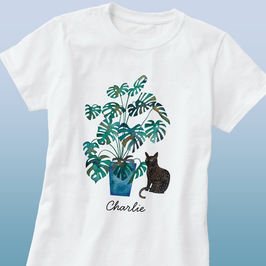 Kat met Monstera Plant Waterverf Gepersonaliseerd T-shirt