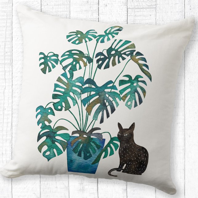Kat met Monstera Plant Waterverf Kussen (Cat with Swiss Cheese Plant watercolor art throw pillow)