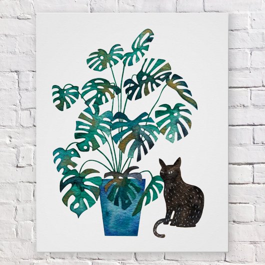 Kat met Monstera Plant Waterverf Perfect Poster