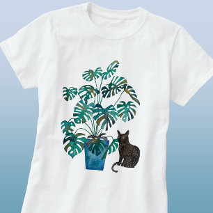 Kat met Monstera Plant Waterverf T-shirt