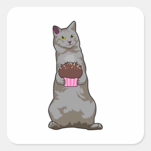 Kat met Muffin Vierkante Sticker (Voorkant)