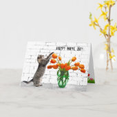 Kat met Oranje Tulps Name Day Kaart (Gele Bloem)