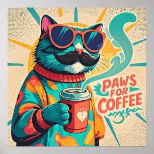 Kat met oversized zonnebril, met een kopje koffie  poster