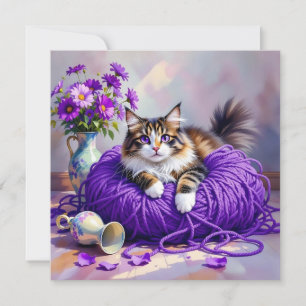 Kat met paarse ogen in paarse garen en bloemen
