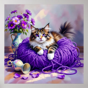 Kat met paarse ogen in paarse garen en bloemen poster