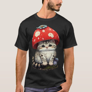 Kat met Paddenstoelen Hoed Schattige Cottage Kern T-shirt