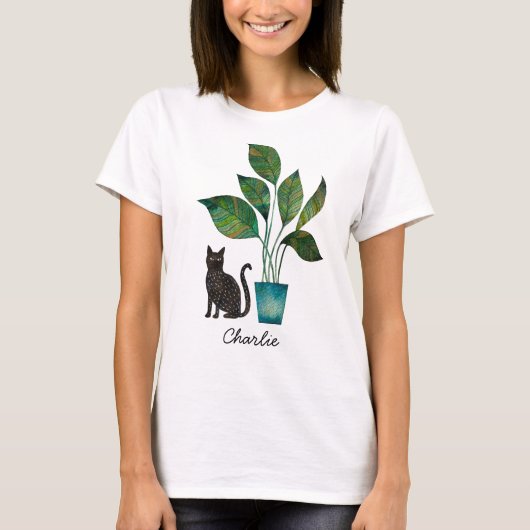 Kat met Potted Plant Waterverf Gepersonaliseerd T-shirt (Voorkant)