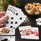 Kat met rode kerstkerstkerstkerstsieraad pokerkaarten (Insitu)