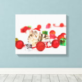 Kat met rode kerstmuts canvas afdruk (Insitu (Houten vloer))