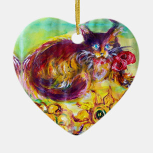 KAT MET RODE LINT EN ZONNEBLOEMEN KERAMISCH ORNAMENT