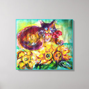 KAT MET RODE RIBBON EN ZONNEN CANVAS AFDRUK
