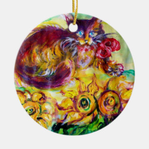 KAT MET RODE RIBBON EN ZONNEN KERAMISCH ORNAMENT