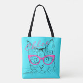 Kat met roze bril Retro Blue Name Canvas tas (Achterkant)