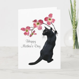 Kat met Roze Dogwood Bloemen Moederdag Kaart