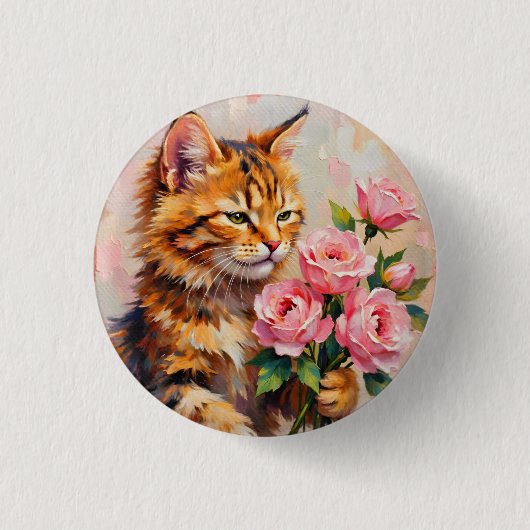 Kat met Rozen Ronde Button 3,2 Cm (Voorkant)