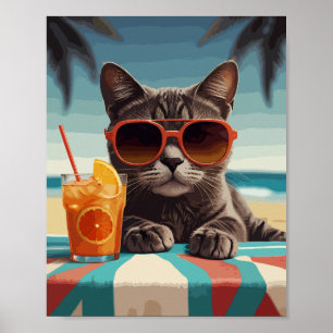 Kat met sinaasappel op het strand poster