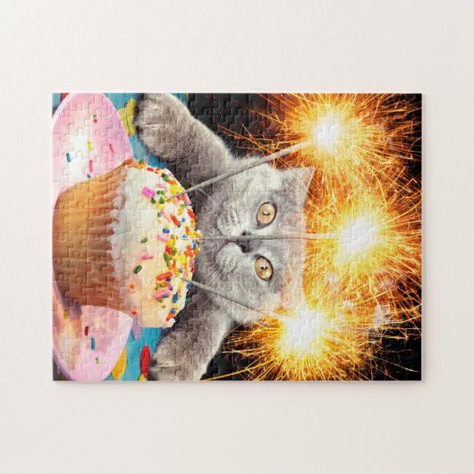Kat met Sparkler Cupcake Legpuzzel (Horizontaal)
