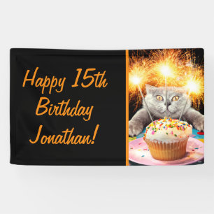 Kat met Sparkler Cupcake Spandoek