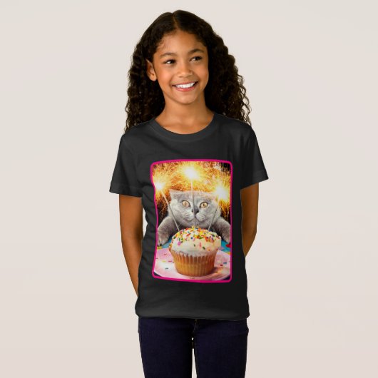 Kat met Sparkler Cupcake T-shirt (Voorkant volledig)
