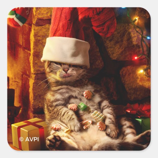 Kat met stop op kop vierkante sticker (Voorkant)