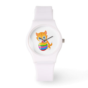 Kat met strandbal.ai horloge