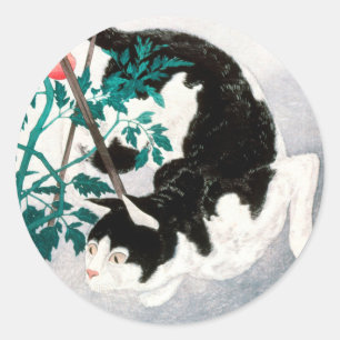 Kat met Tomato Plant (1931) van Hiroaki Takahashi Ronde Sticker