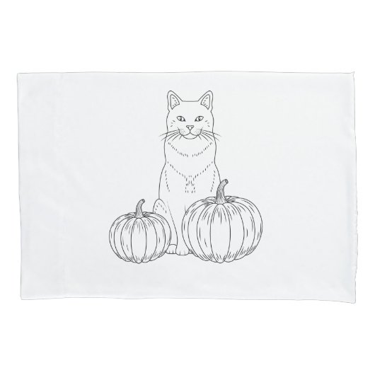 Kat met twee pompoenen Minimal Line Art Schattigee Kussensloop (Voorkant)