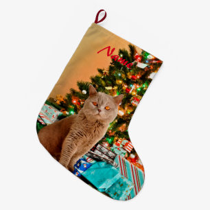 Kat met versierde kerstboom en geschenkdozen grote kerstsok